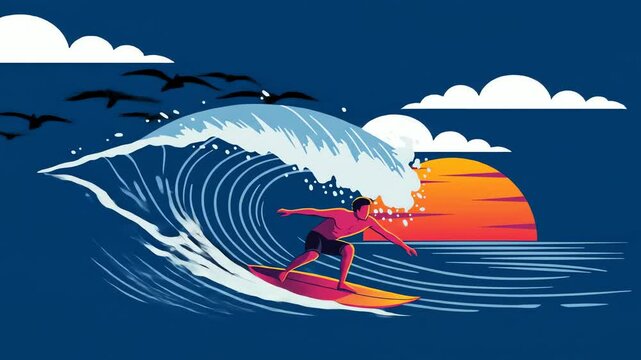Surfer riding a wave at sunset with birds and stylized white clouds