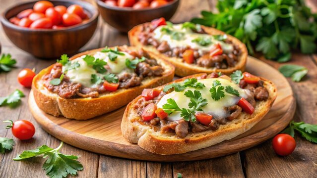 Mexican molletes toasted bread with refried beans and cheese.