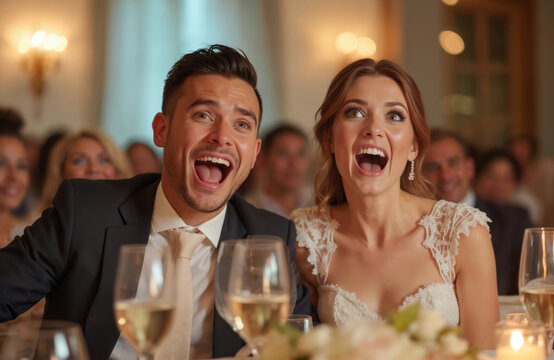 Astonished newlyweds react at wedding reception toast with wide-eyed wonder. Sharing joyful moment with guests, expressing happiness, surprise. Bride, groom with open mouths, laughing happily at