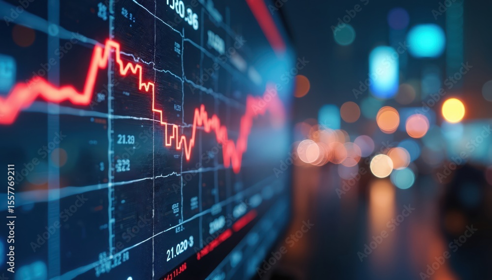 Poster illustration shows stock market display with graph data. red line indicates financial data dropping 