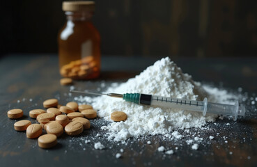 Composition narcotics, syringe, pills. Substance abuse concept. Danger, medicine addiction. Healthcare crisis, pharmaceutical industry. Overdose, addiction treatment, drug epidemic, opiate crisis,