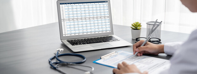 Accounting software on computer screen showing financial statement spreadsheets and account balance of corporate business offer accountant a fine calculation accounting brisk