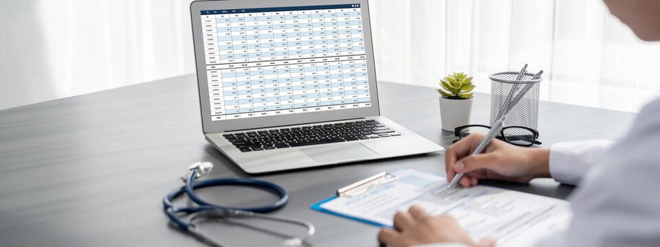 Accounting software on computer screen showing financial statement spreadsheets and account balance of corporate business offer accountant a fine calculation accounting brisk