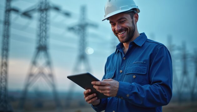 Smiling electrician in blue work clothes, helmet uses tablet outdoors. Power lines on background. Energy tech, engineering, maintenance, infrastructure, industry, innovation. Safety, pro, connection,