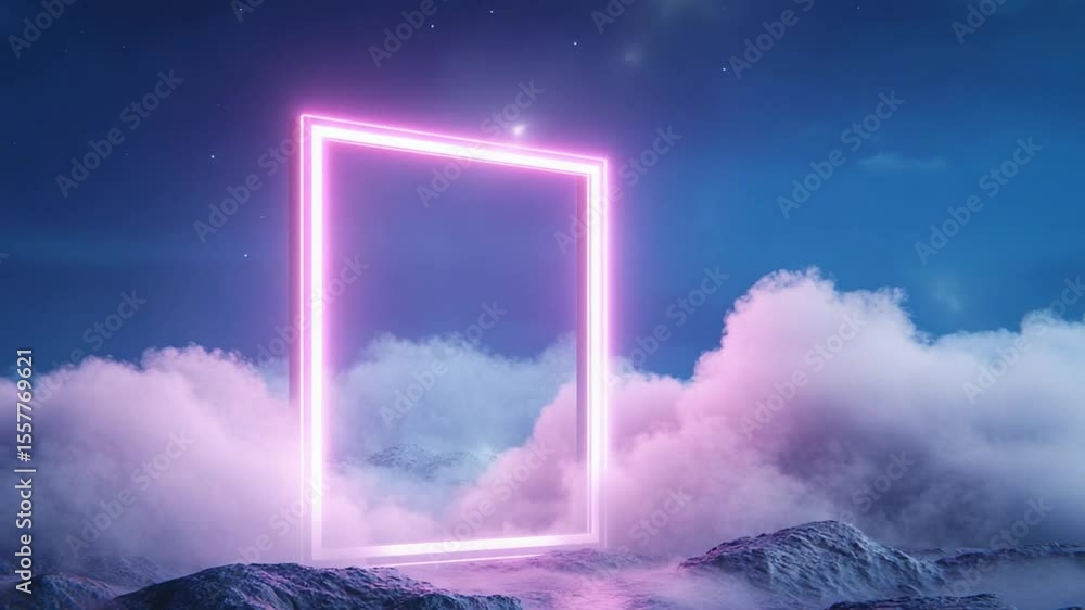 Poster celestial gateway: a vibrant, neon-lit square hovers amidst a dreamlike scene of fluffy clouds and a