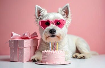West Highland white terrier dog celebrates birthday. Wearing heart-shaped sunglasses with cake presents. Festive atmosphere on pink background. Funny pet with birthday party.