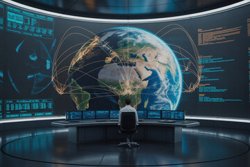 A photorealistic control room with a massive circular digital interface showing Earth, data streams, and AI neural networks connecting continents. A single AI operator sits in the center.