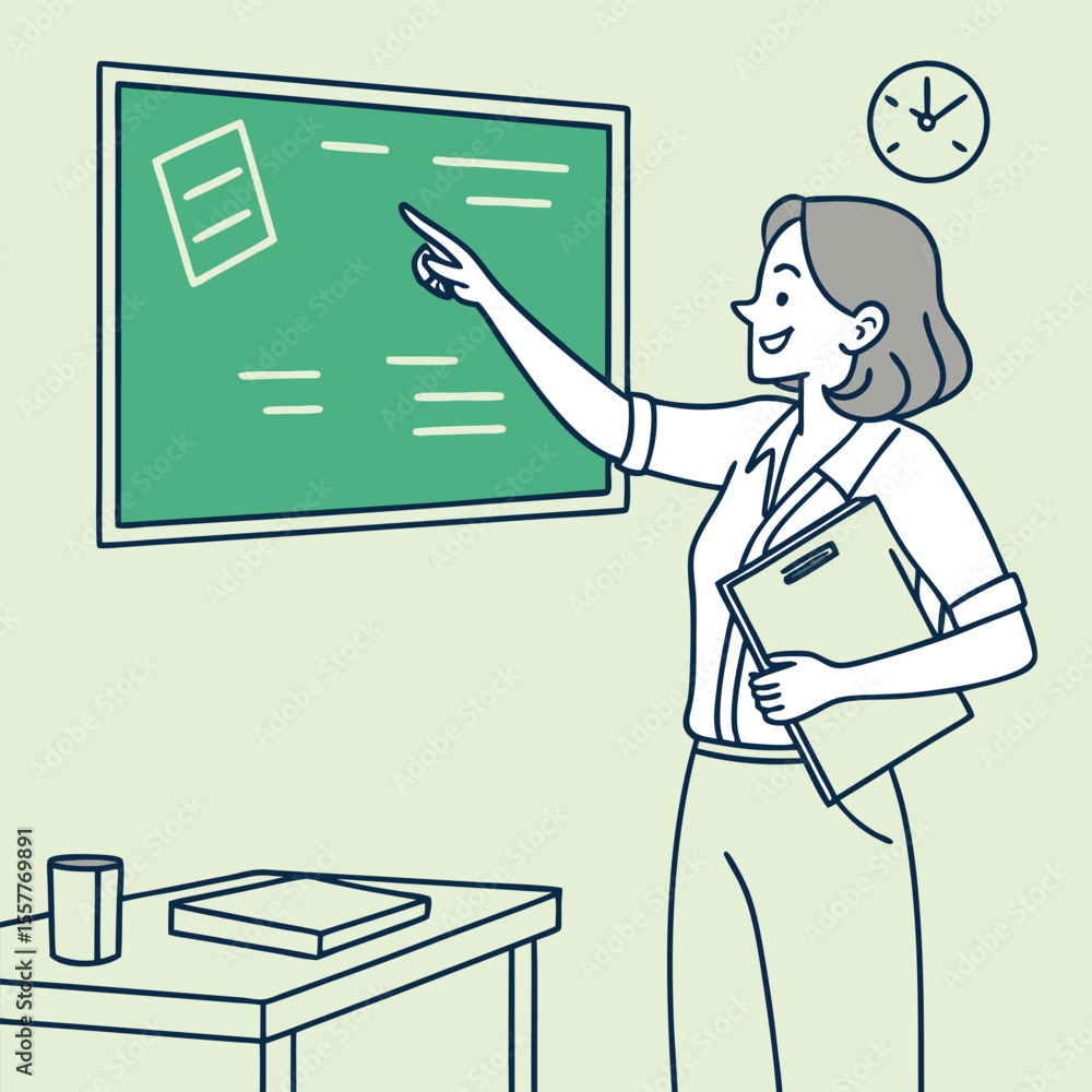 Poster female teacher explaining lesson on chalkboard in classroom with desk book and clock emphasizing edu
