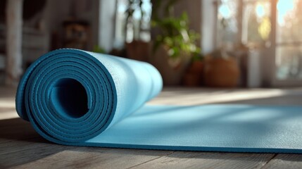Light blue yoga mat unrolled on the roomâ€™s floor