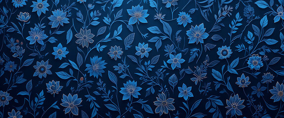 abstract dark royal blue gradient minimalist floral theme seamless dense pattern flowers in dark blue background, dark and light playing in harmony, golden touch on the edges of the petals,majestic, 