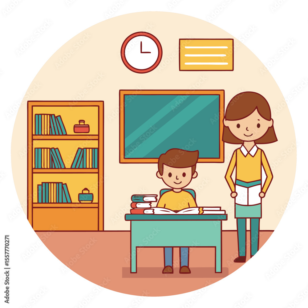 Poster cartoon illustration of a student studying with teacher in classroom setting with bookshelf and cloc