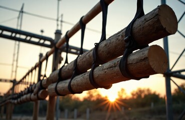 Obstacle course race with horizontal logs at sunset. Athletes train to overcome challenges. Athletic activity for healthy lifestyle. Fitness sport event. Training, competition, endurance, strength.