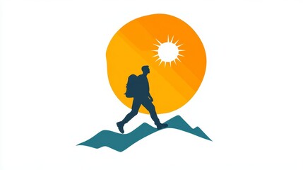 Obraz premium Hiking icon. Walking. Public footpath. Trail. stock illustration Icon Symbol, Hiking, Walking, A vibrant illustration showing a hiker silhouette against a sunset, walking on mountain peaks, perfect