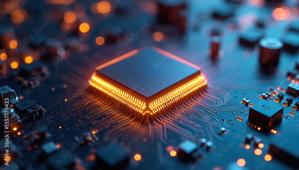 Poster close-up view of microchip on circuit board. glowing connections, intricate details. digital tech, c