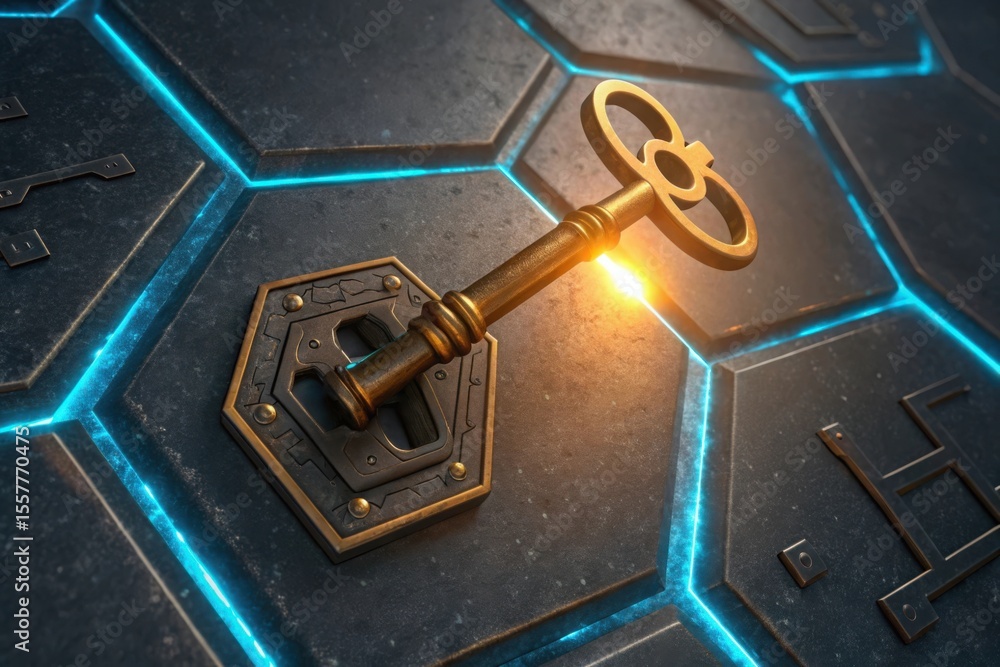 Poster ornate golden key resting on a dark hexagonal textured surface with glowing blue energy lines and a 