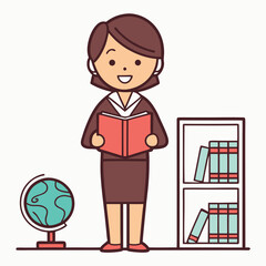 Cartoon Teacher Holding a Book with a Globe and Bookshelf in the Background Ideal for Education and Learning Concepts