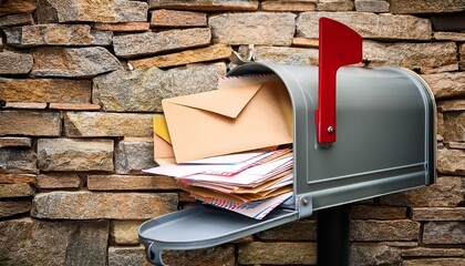 overfilled mailbox overflowing with letters and blank note sticking out stone wall background