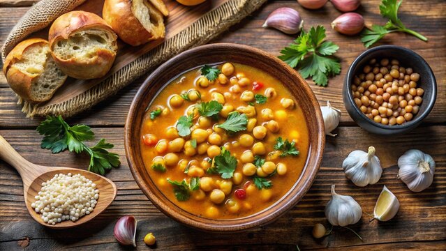 Tunisian lablabi chickpea soup with garlic, olive oil, and bread.
