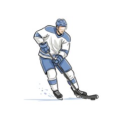 Obraz premium Ice hockey player skating and shooting puck in blue uniform 