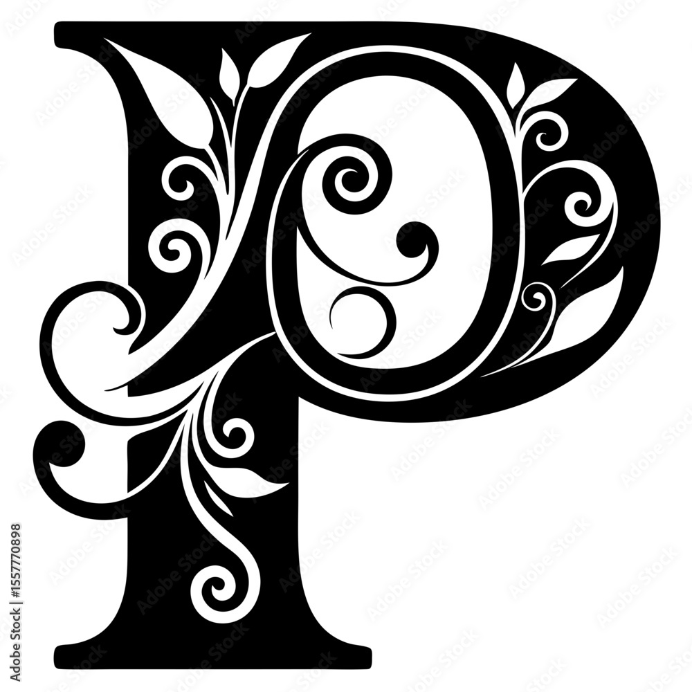Poster stylized letter p with decorative elements and strokes, isolated vector image on transparent backgro