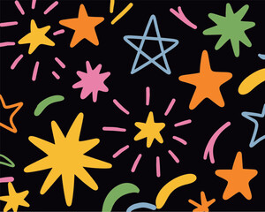 Print Seamless fun kid pattern with multicolor hand drawn stars