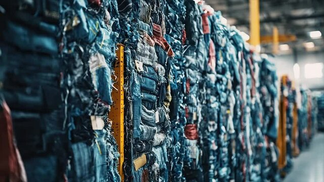 Industrial stacks of pre-consumer textile waste ready for recycling