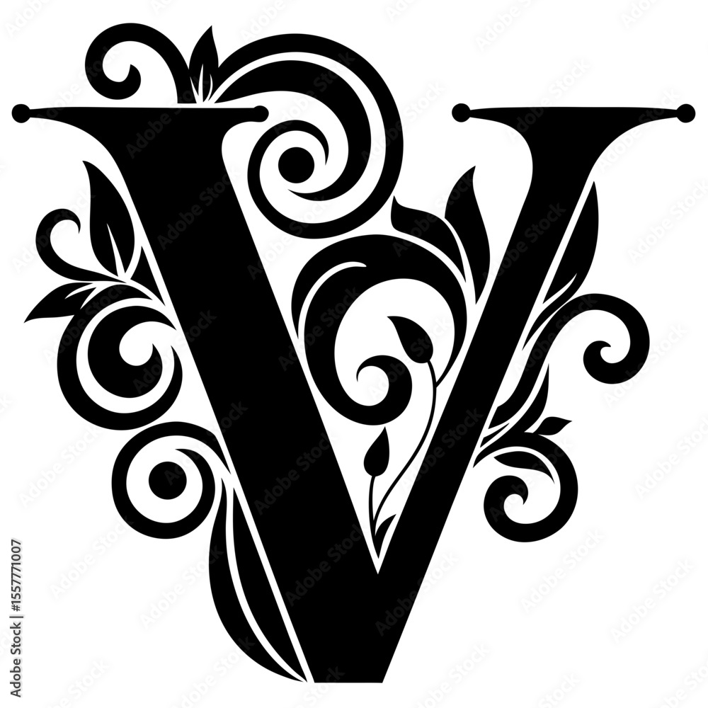 Poster stylized letter v with decorative elements and strokes, isolated vector image on transparent backgro