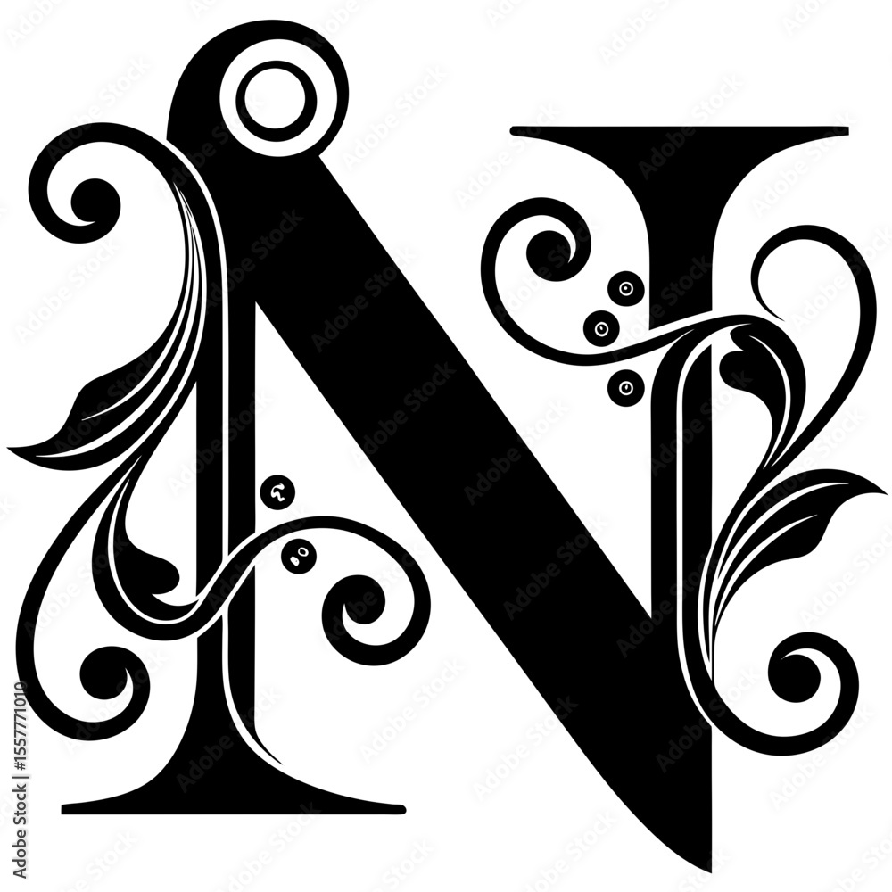 Poster stylized letter n with decorative elements and strokes, isolated vector image on transparent backgro
