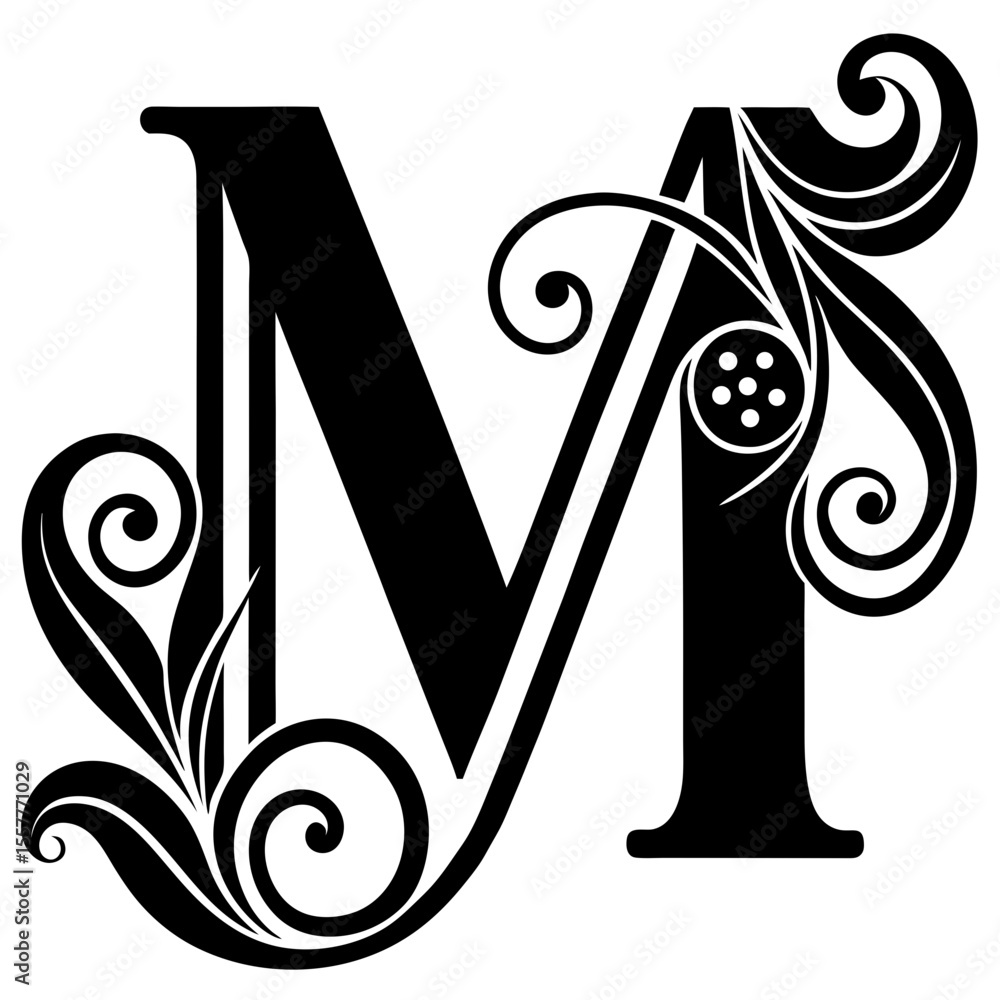 Poster stylized letter m with decorative elements and strokes, isolated vector image on transparent backgro