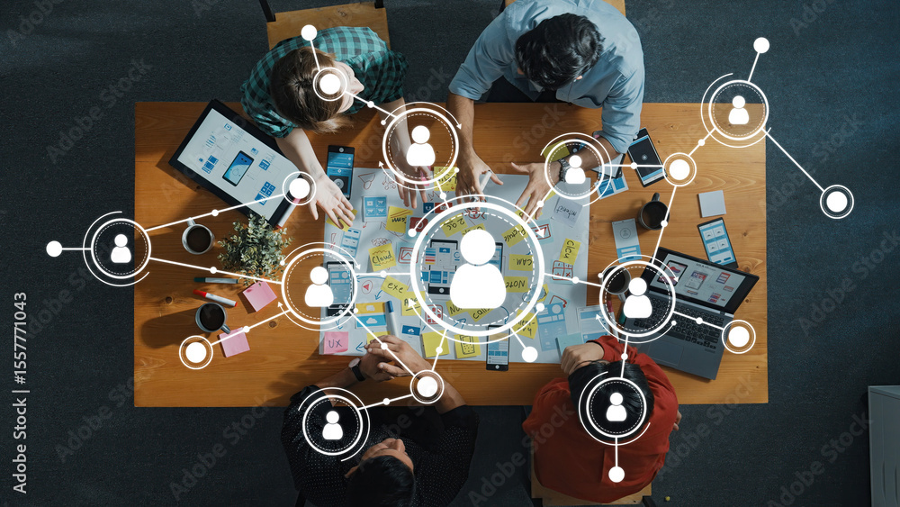 Poster team collaboration and networking at work with digital connections and visual planning elements on a