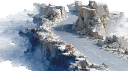 A winding road follows a dramatic cliffside, offering a breathtaking view of a surreal landscape, isolated on transparent background