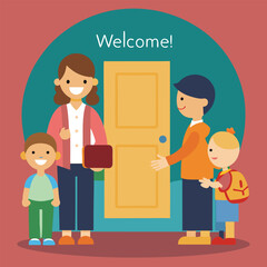 Friendly Teacher Welcoming Students and Parents to School Illustrating a Positive and Supportive Educational Environment for Young Children and Their Families