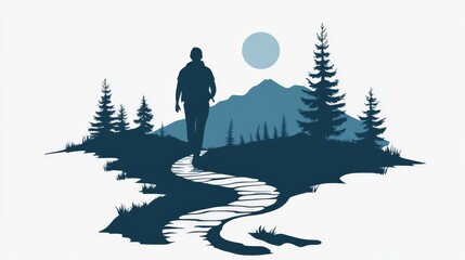 Hiking icon. Walking. Public footpath. Trail. stock illustration Icon Symbol, Hiking, Walking, A vibrant illustration showing a hiker silhouette against a sunset, walking on mountain peaks, perfect