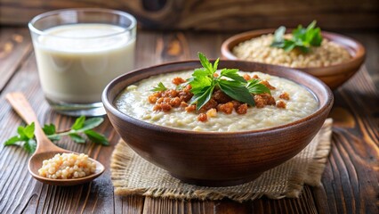 Botswanan bogobe &mdash; fermented sorghum porridge with milk, served warm in a traditional clay bowl