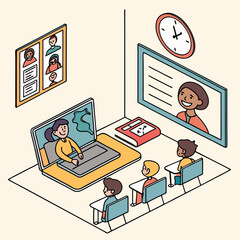 Isometric Illustration of Virtual Classroom with Teacher on Laptop and Students Watching a Teacher on Screen Online Learning Concept