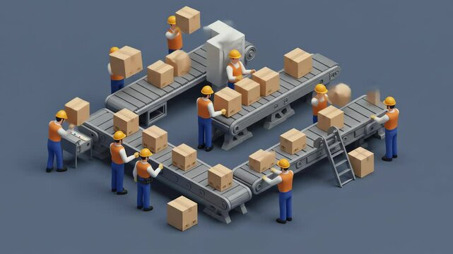 Workers move boxes on conveyors wearing helmets and vests in an isometric scene