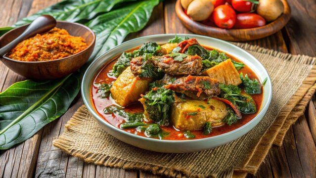 Angolan funge with palm oil stew and cassava leaves.