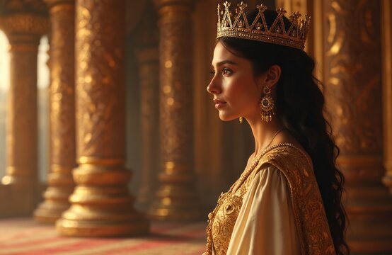 Illustration shows a regal queen in golden attire, wearing crown, earrings. Warm light illuminates her as she prepares to address court. Biblical storytelling, Christian faith theme.