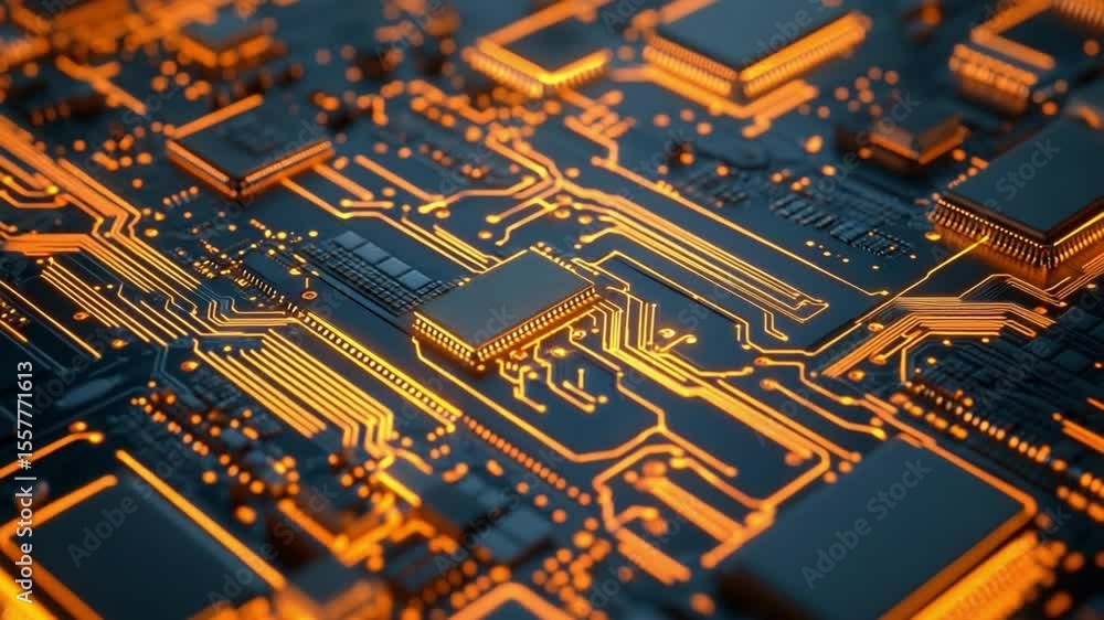 Poster Circuit Board Detail: Close-up view of a complex circuit board, showcasing intricate circuitry and integrated components. The warm, amber tones highlight the technological precision.