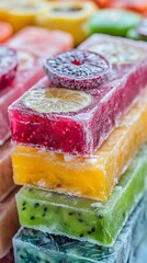 Colorful frozen fruit popsicles stacked on white surface, featuring vibrant hues and icy texture, promising cool refreshment during summer heat
