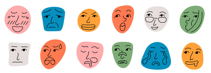 linear doodle faces on colored spots set in vector. Elements for avatar sticker poster print mascot design character postcard