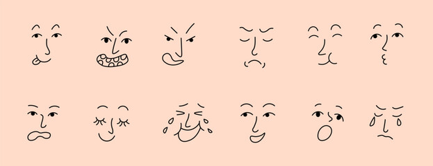 linear doodle faces set in vector. Elements for avatar sticker poster print mascot design character postcard