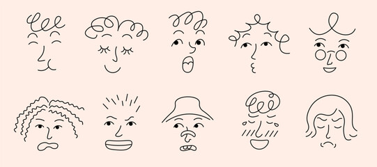 linear doodle faces set in vector. Elements for avatar sticker poster print mascot design character postcard