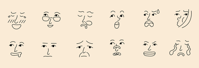 linear doodle faces set in vector. Elements for avatar sticker poster print mascot design character postcard