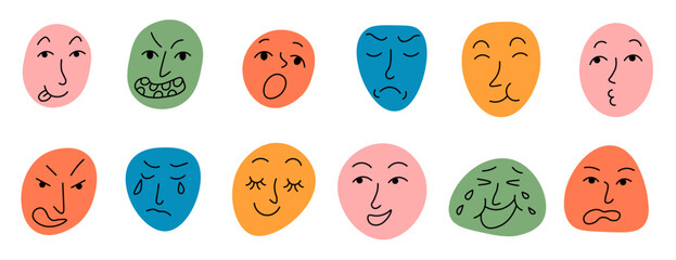 linear doodle faces on colored spots set in vector. Elements for avatar sticker poster print mascot design character postcard