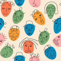 seamless pattern with doodle faces on colored spots in vector. Elements for avatar sticker poster print mascot design character postcard