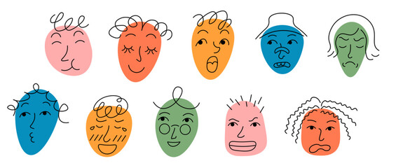 linear doodle faces on colored spots set in vector. Elements for avatar sticker poster print mascot design character postcard