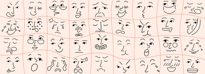linear doodle faces on checkered background in vector. Elements for avatar sticker poster print mascot design character postcard