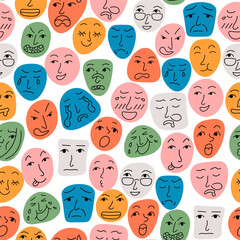 seamless pattern with doodle faces on colored spots in vector. Elements for avatar sticker poster print mascot design character postcard