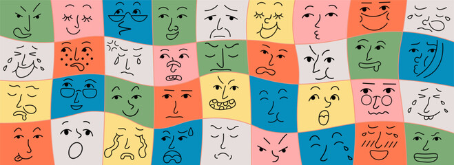linear doodle faces on colored checkered background in vector. Elements for avatar sticker poster print mascot design character postcard
